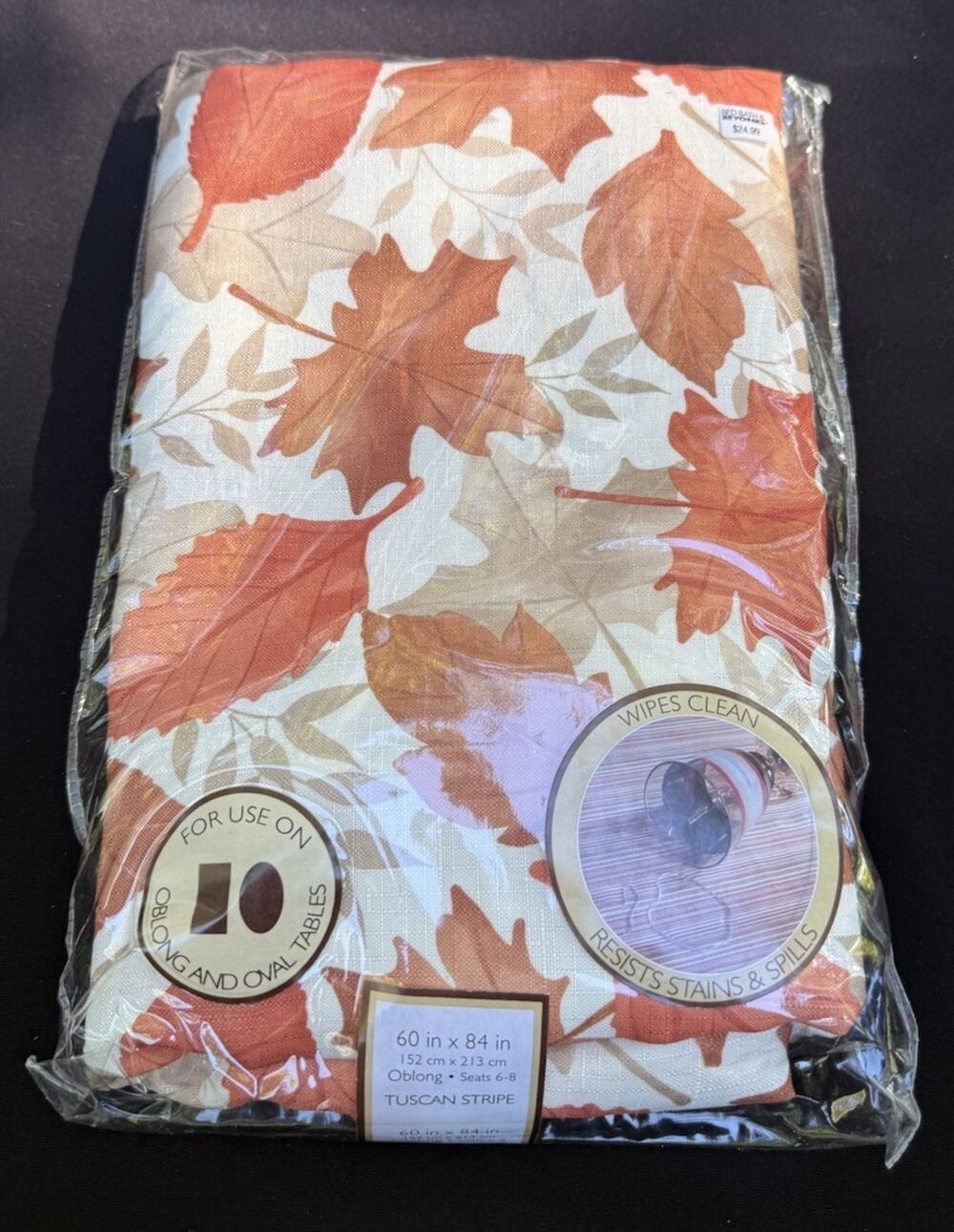 Thanksgiving Fabric Linen Tablecloth 60"x84" OBLONG FALL LEAVES EUC